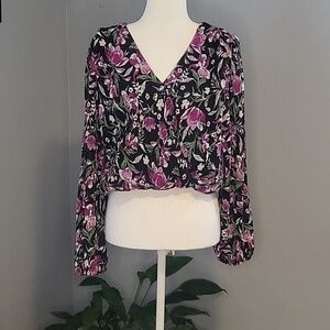Japna Black Floral Wrap Front Balloon Sleeve Back Tie Cropped Top - Size M